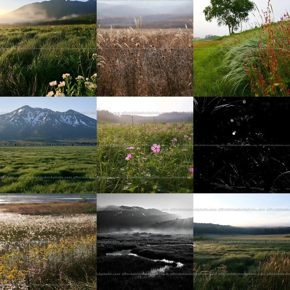 Expansive Hokkaido Restoration Meadow With Dewdrops Stock Photography Bundle – stock photography bundle preview