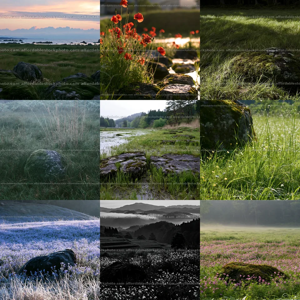 Miyagi Spring Recovery Meadow Mossy Stone Stock Photography Bundle – stock photography bundle preview