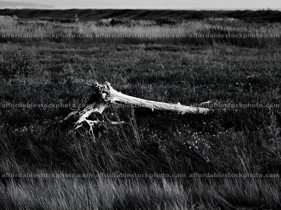 Chiba coastal climate meadow with driftwood in foreground – stock photography preview