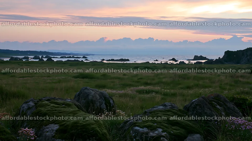 Miyagi spring recovery meadow mossy stone at dusk – stock photography preview