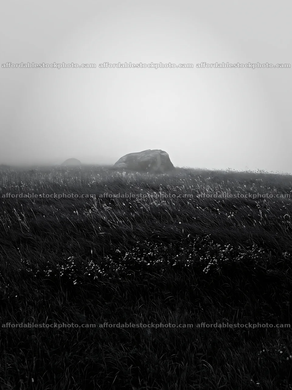 Aomori climate resilient meadow with boulder in fog – stock photography preview