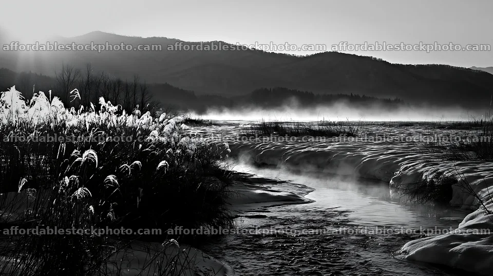 Akita snowmelt meadow with silver grasses at sunrise – stock photography preview