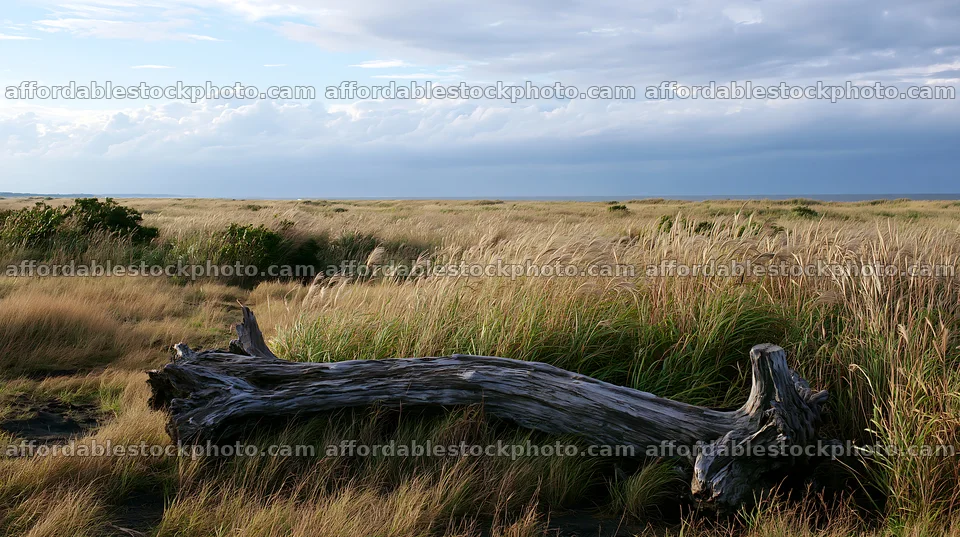 Chiba coastal climate meadow with driftwood in the foreground – stock photography preview