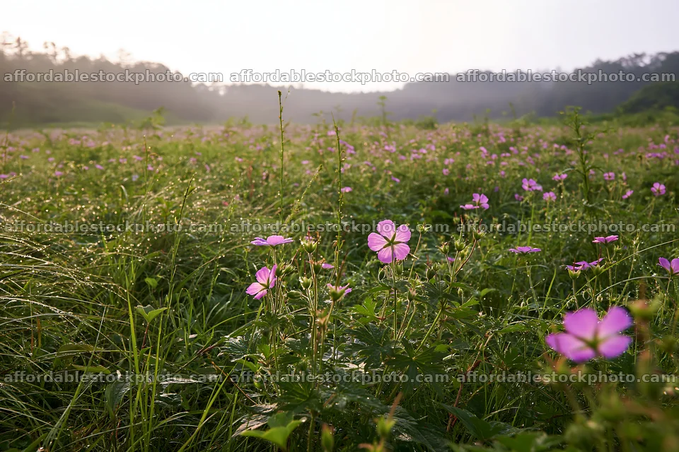 Expansive Hokkaido restoration meadow with dewdrops – stock photography preview
