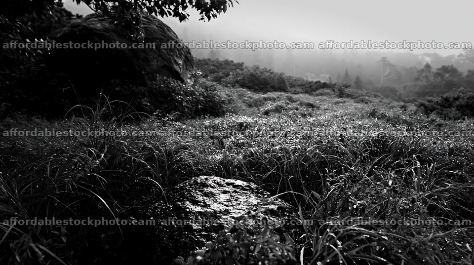 Aomori climate resilient meadow with boulder – stock photography preview