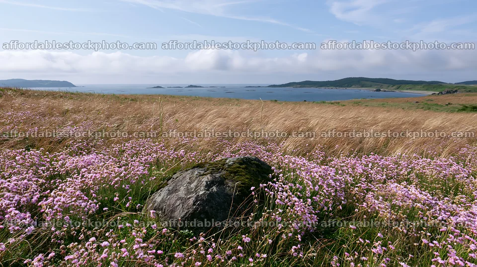 Miyagi spring recovery meadow mossy stone with flowers and sea – stock photography preview