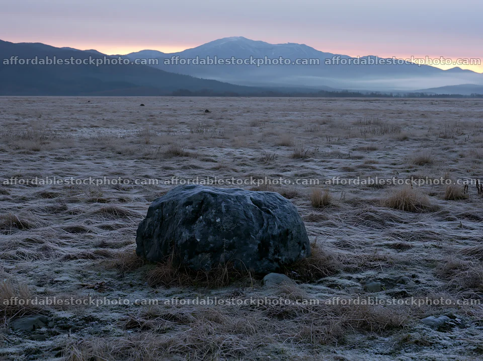 Aomori climate resilient meadow with boulder at sunrise – stock photography preview