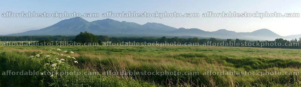 Expansive Hokkaido restoration meadow with dewdrops – stock photography preview