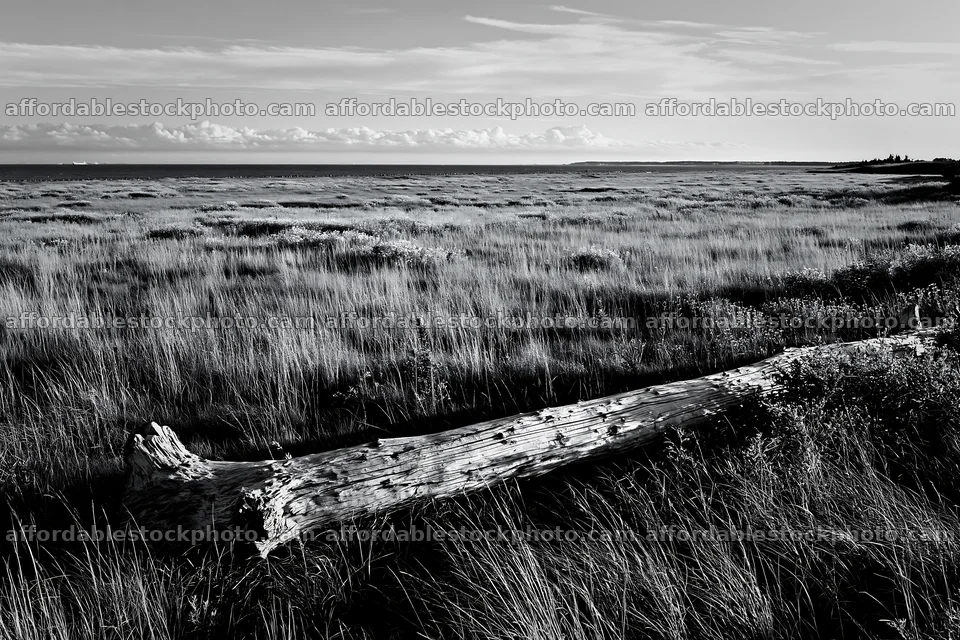 Chiba coastal climate meadow with driftwood foreground at sunset – stock photography preview