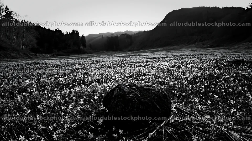 Miyagi spring recovery meadow mossy stone showcases flowers – stock photography preview